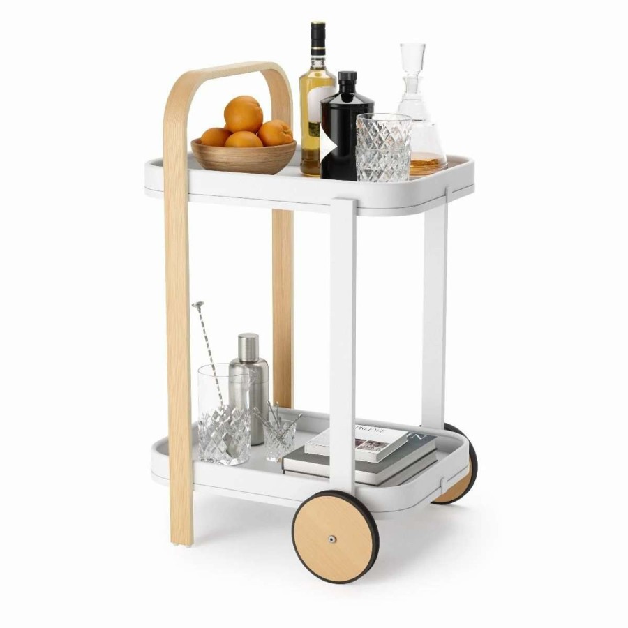 Cocktail & Bar * | New Umbra Bellwood Bar/Serving Cart | White-Natural Natural, White