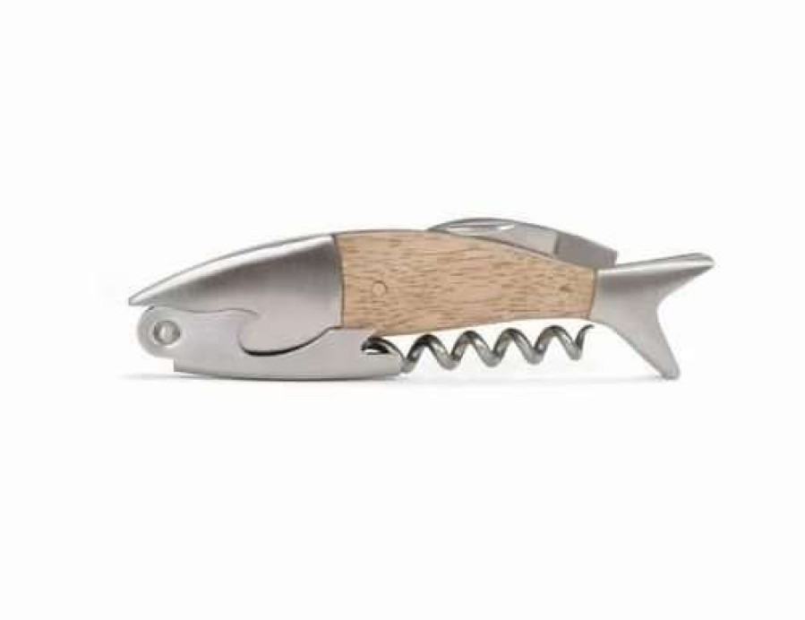 Cocktail & Bar * | Flash Sale Kikkerland Corkscrew Bottle Opener | Fish Natural, Steel, Wood