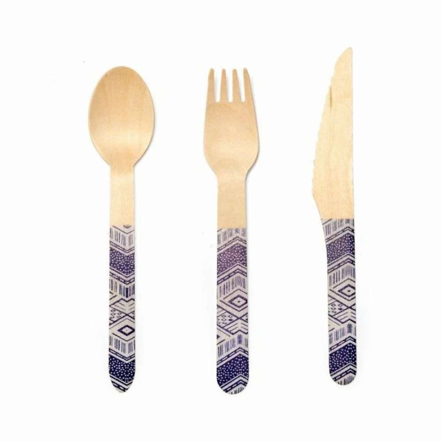 Flatware * | Outlet Kikkerland Wood Cutlery Set | Tribal Blue, Natural