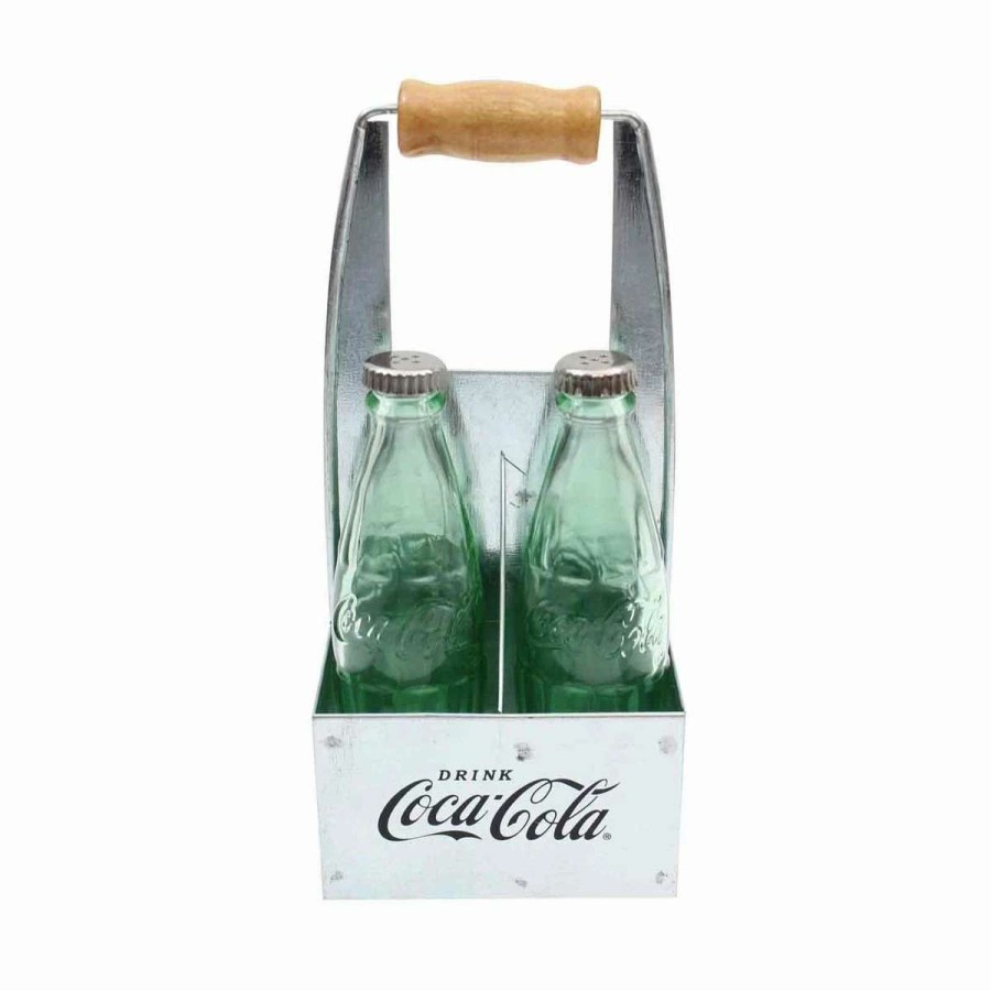 Dining Accessories * | Hot Sale Tablecraft 1Oz Coca-Cola Salt & Pepper Shakers | Green Tinted Glass With Galvanized Rack Green